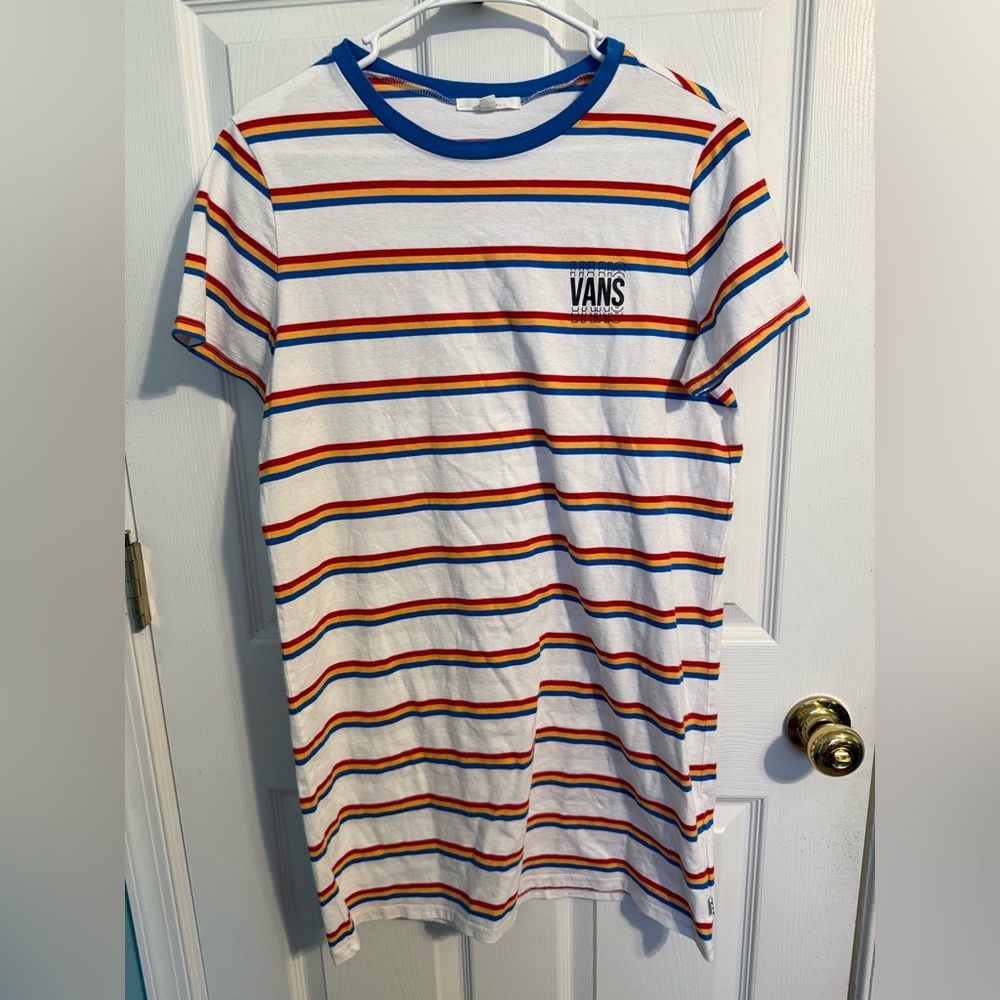 Vans Long Way Short Sleeve TShirt Dress 70s Retro Striped 100% Cotton Size Med